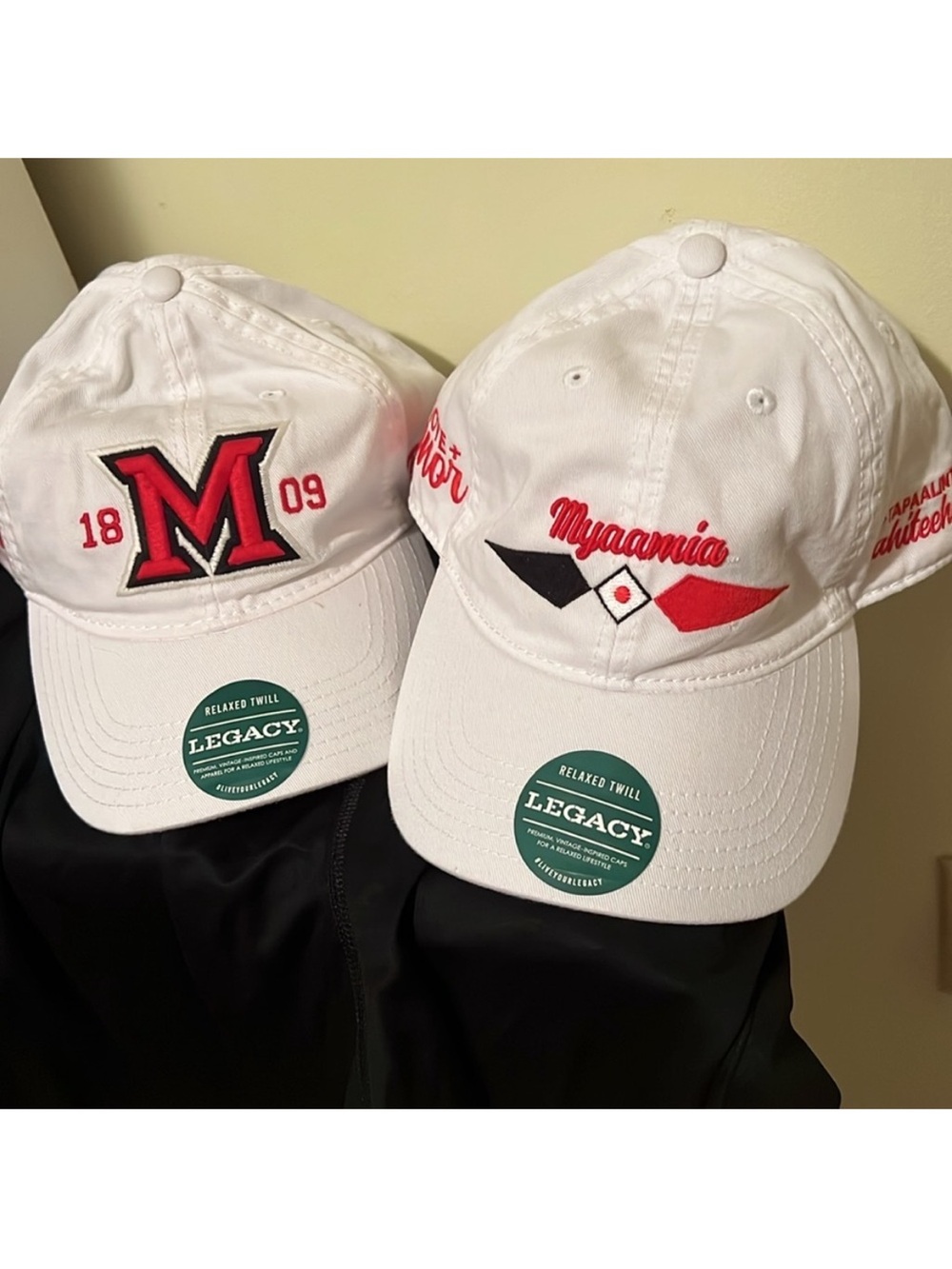 Legacy White Baseball Cap with Red and Black Embroidery  Miami University-Ohio
